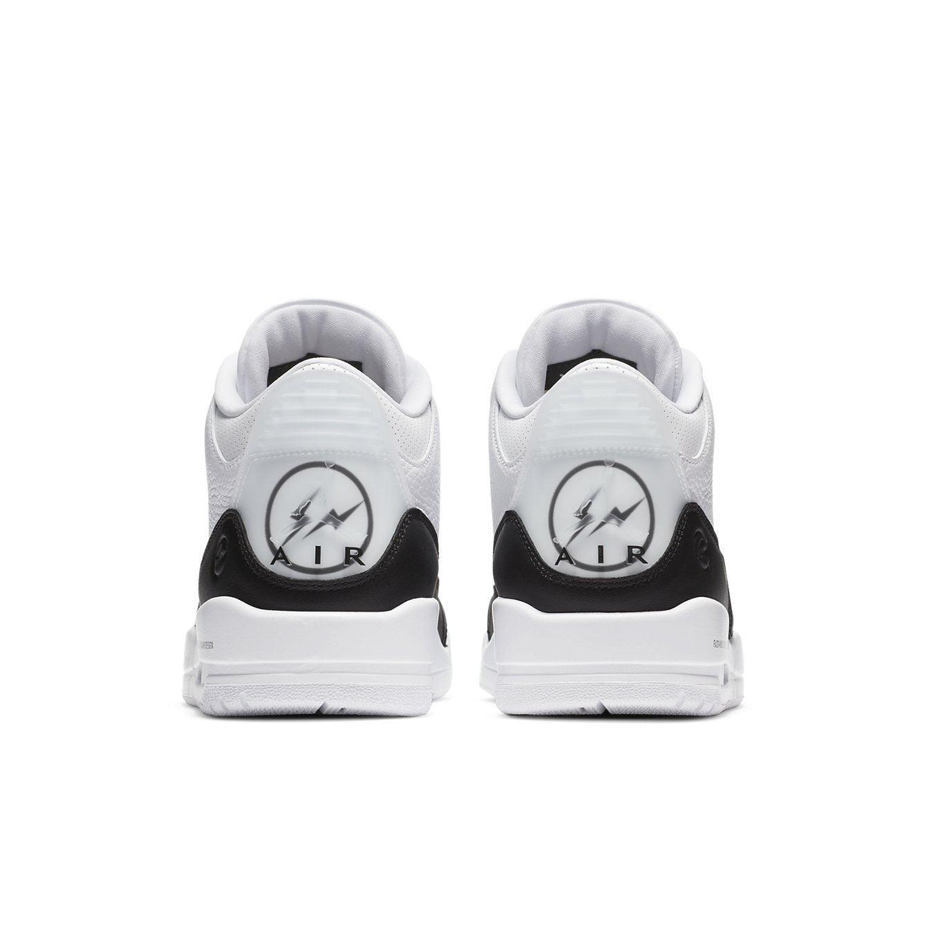 Rear view of Jordan 3 Retro Fragment sneakers in black and white with AIR logo detail.