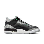 Jordan 3 Retro Green Glow sneakers featuring black leather upper with grey mesh and subtle green accents.