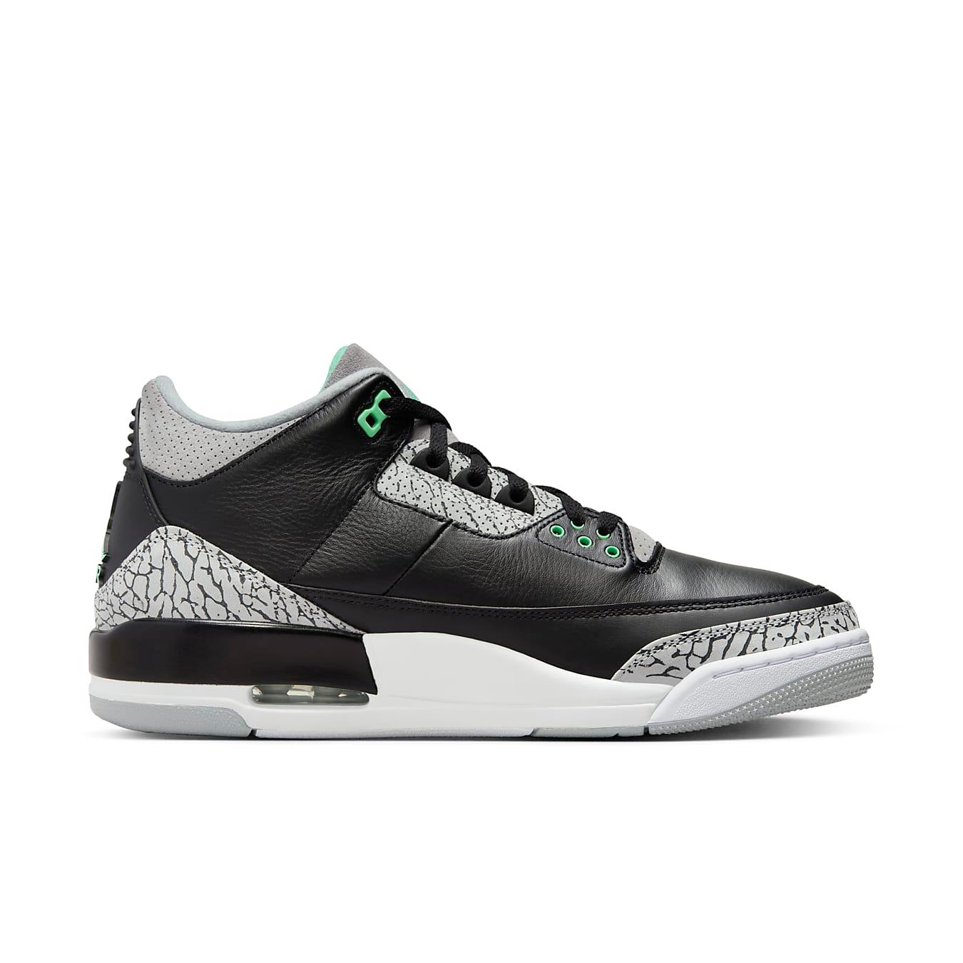 Jordan 3 Retro Green Glow sneakers featuring black leather upper with grey mesh and subtle green accents.