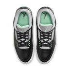 Jordan 3 Retro Green Glow shoes featuring black leather upper, grey mesh, and green accents, top view.