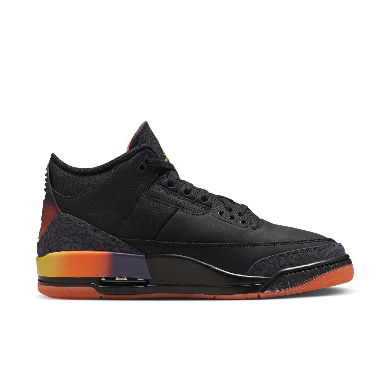 Air Jordan 3 Retro J Balvin Rio sneaker in black leather with gray elephant print and gradient accents.