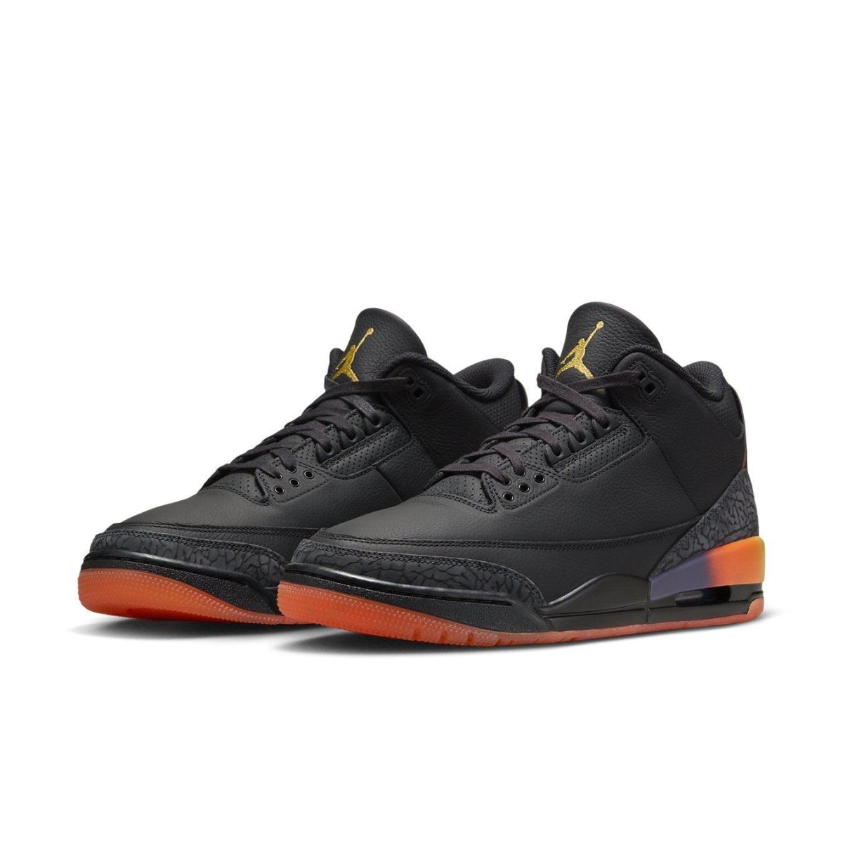 Jordan 3 Retro J Balvin Rio featuring black leather upper and elephant print overlays, accented in Solar Flare and Total Crimson Abyss.