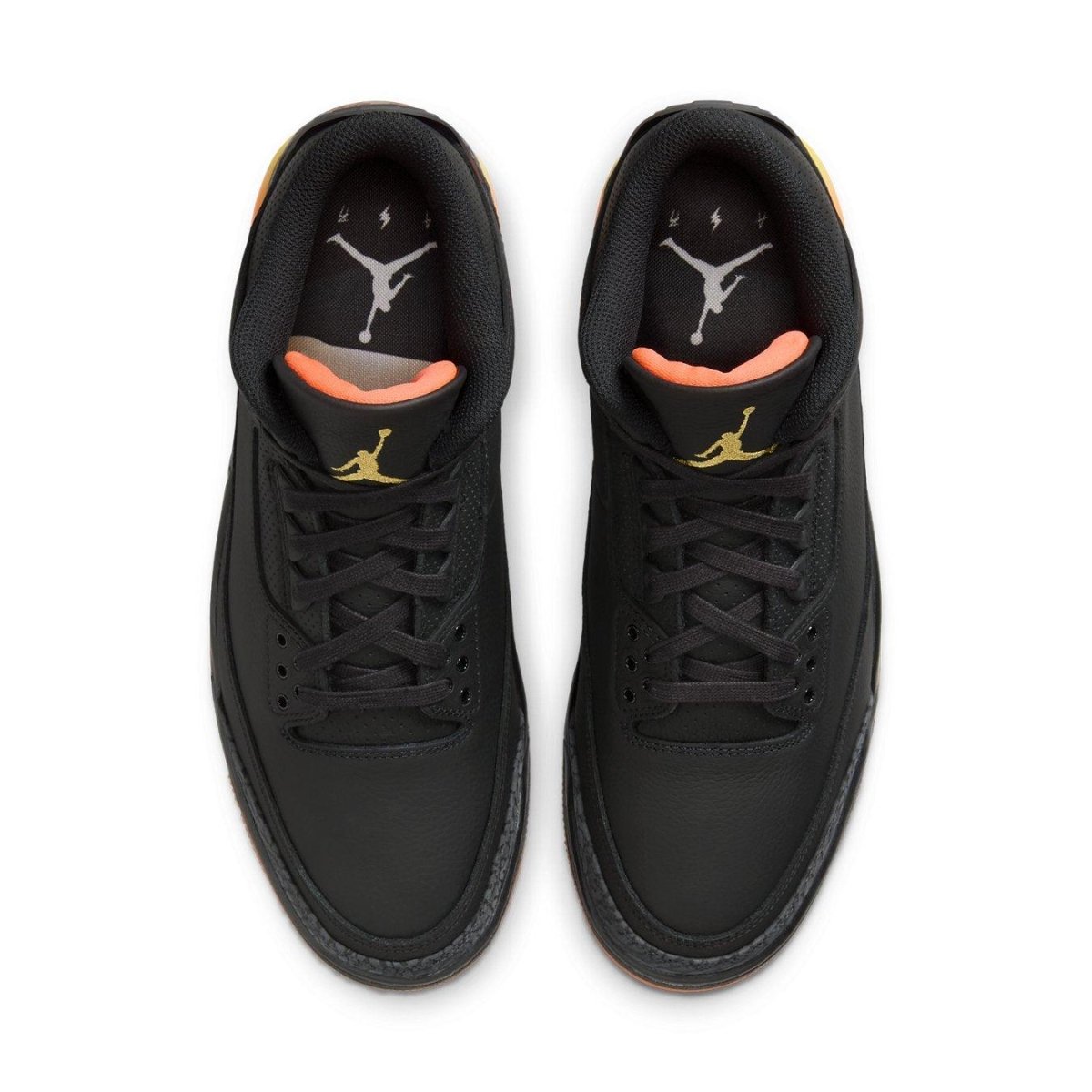 Top view of Jordan 3 Retro J Balvin Rio shoes featuring black leather and vibrant accents.