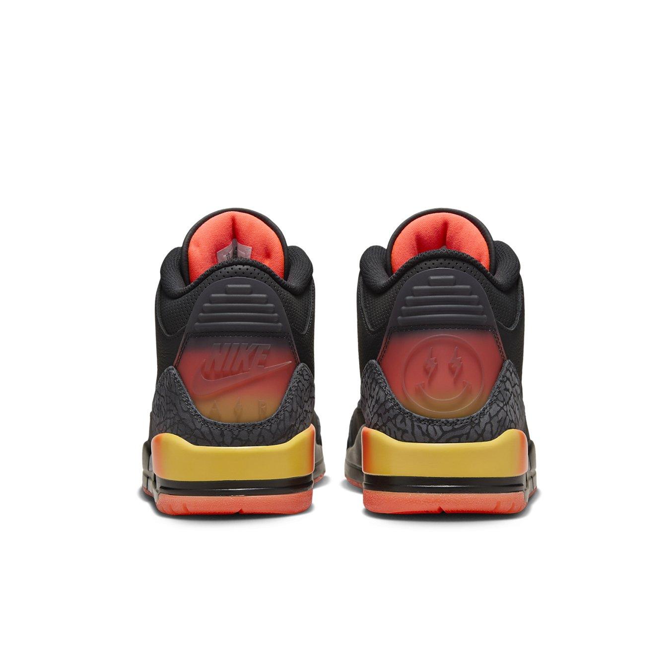 Back view of Jordan 3 Retro J Balvin Rio sneakers featuring black leather and vibrant accents.