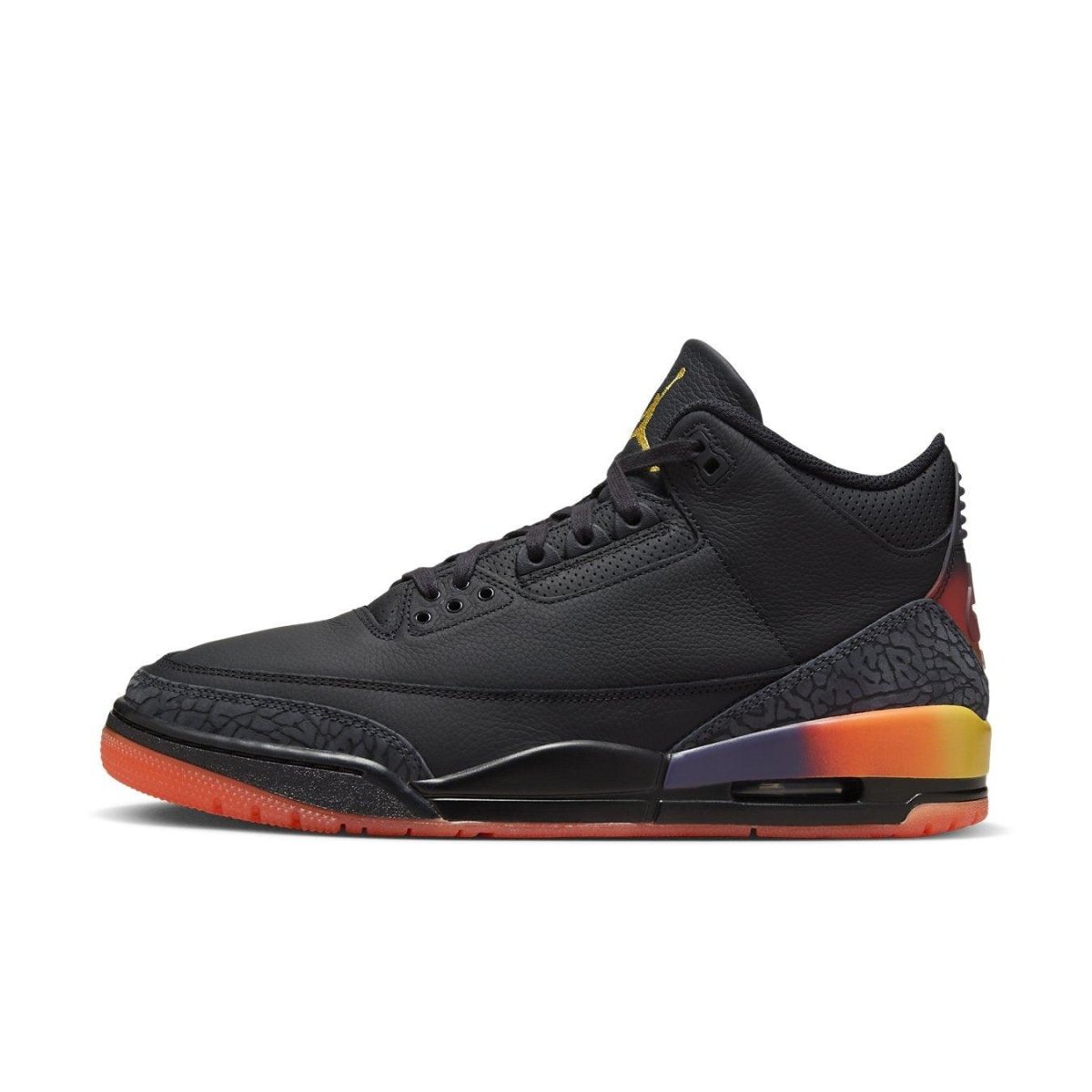 Jordan 3 Retro J Balvin 'Rio' featuring black leather upper and vibrant Solar Flare accents.
