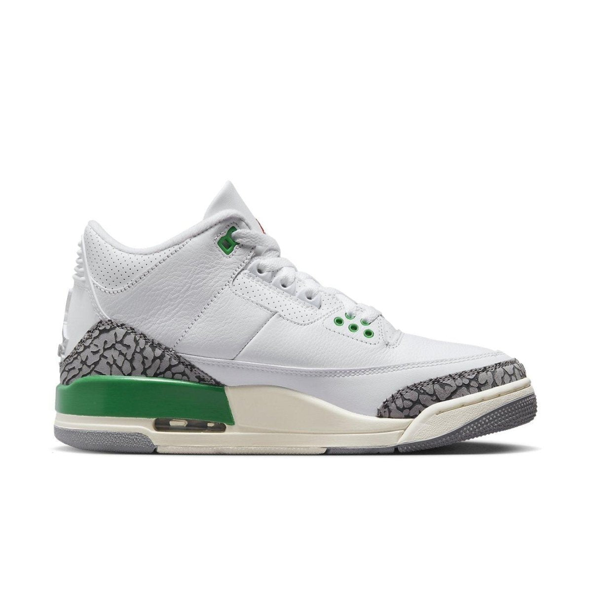 Air Jordan 3 Retro Lucky Green women's sneaker with white leather and Cement Grey accents.