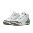 Air Jordan 3 Retro Lucky Green for women featuring white leather and iconic Cement Grey elephant print.