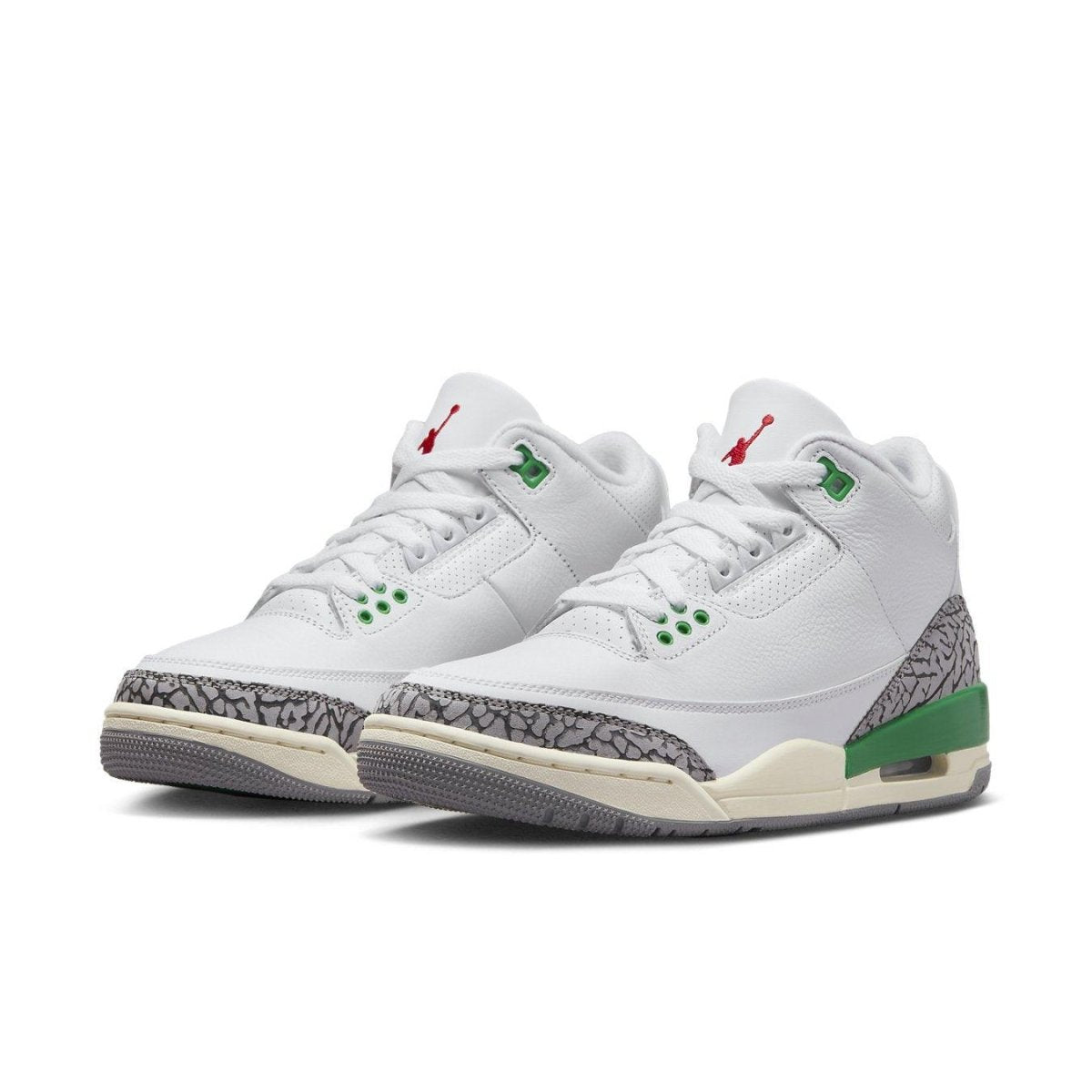 Air Jordan 3 Retro Lucky Green for women featuring white leather and iconic Cement Grey elephant print.