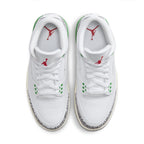 Air Jordan 3 Retro Lucky Green women's sneakers with white leather and elephant print details.