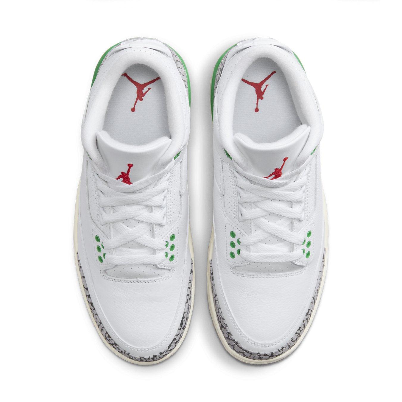 Air Jordan 3 Retro Lucky Green women's sneakers with white leather and elephant print details.