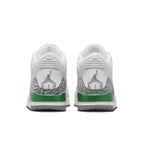 Back view of Women's Air Jordan 3 Retro 'Lucky Green' showing elephant print details and vibrant green outsole.