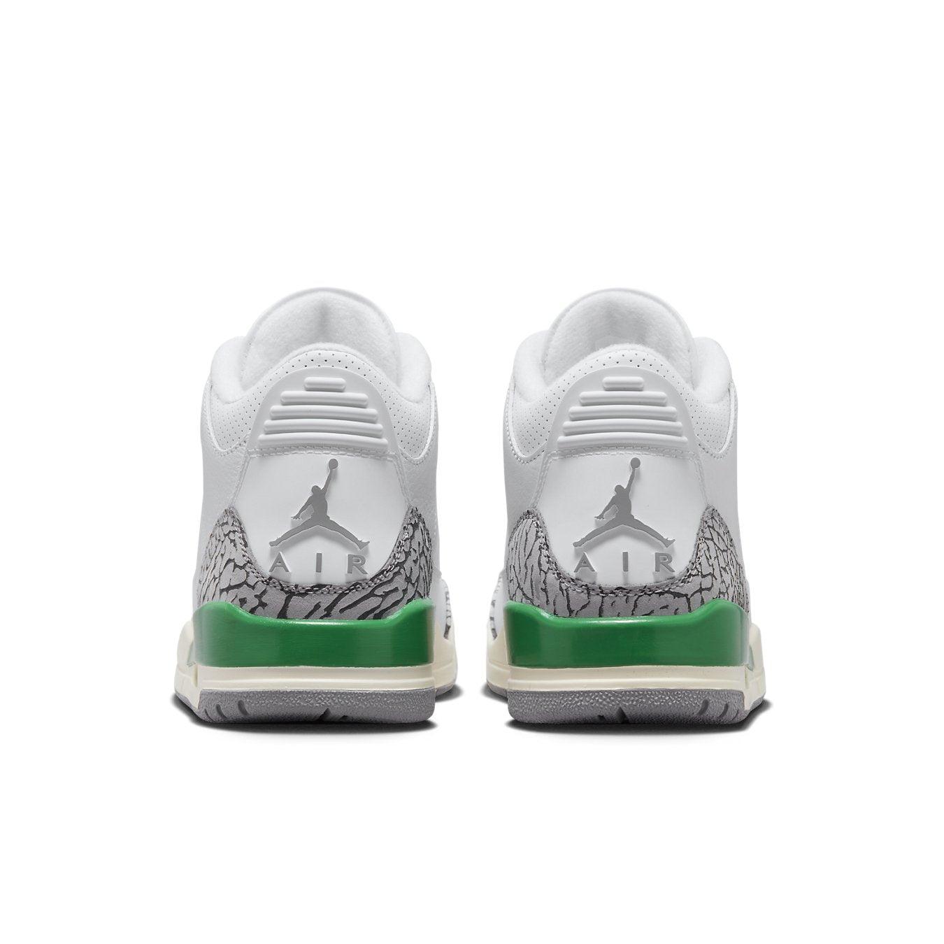 Back view of Women's Air Jordan 3 Retro 'Lucky Green' showing elephant print details and vibrant green outsole.