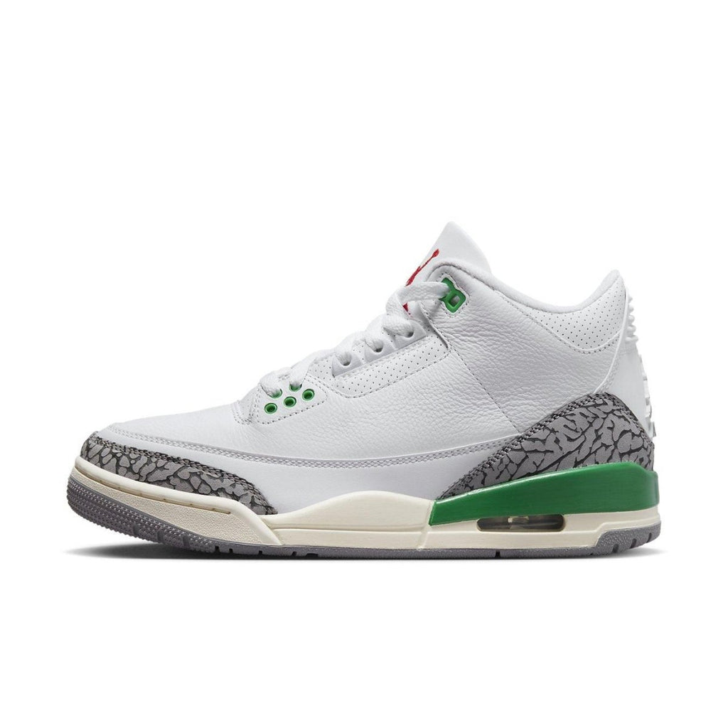 Air Jordan 3 Retro Lucky Green for women, featuring white leather upper and Cement Grey elephant print details.