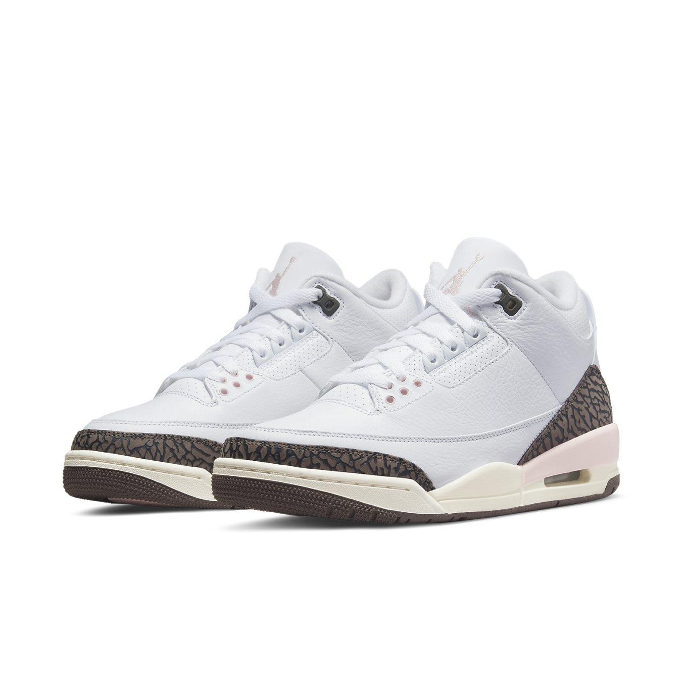 Jordan 3 Retro Neapolitan Dark Mocha women's sneakers featuring white leather and dark mocha accents.