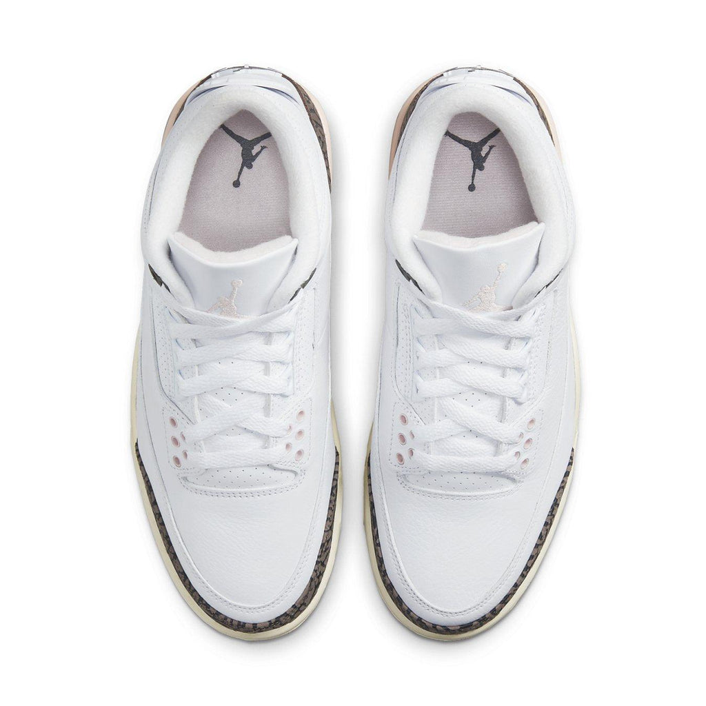 Top view of women’s Jordan 3 Retro Neapolitan Dark Mocha sneakers with white and mocha accents.
