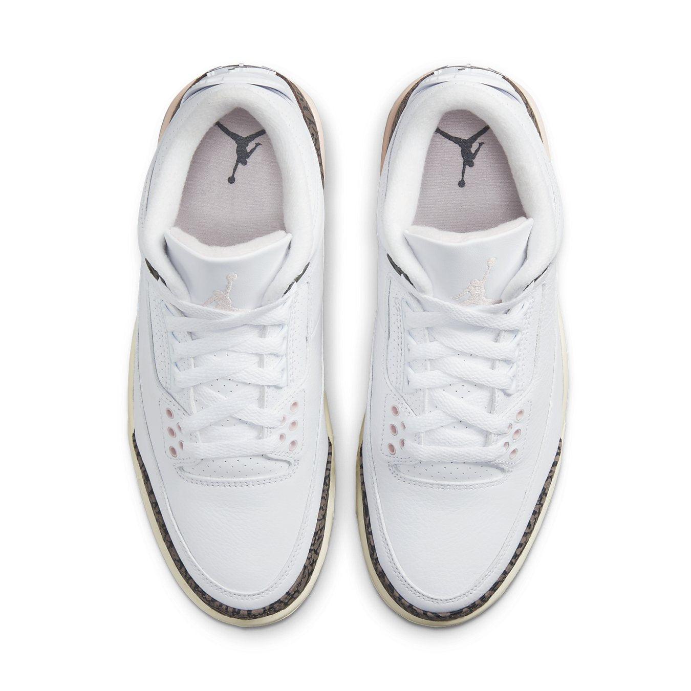 Top view of women’s Jordan 3 Retro Neapolitan Dark Mocha sneakers with white and mocha accents.