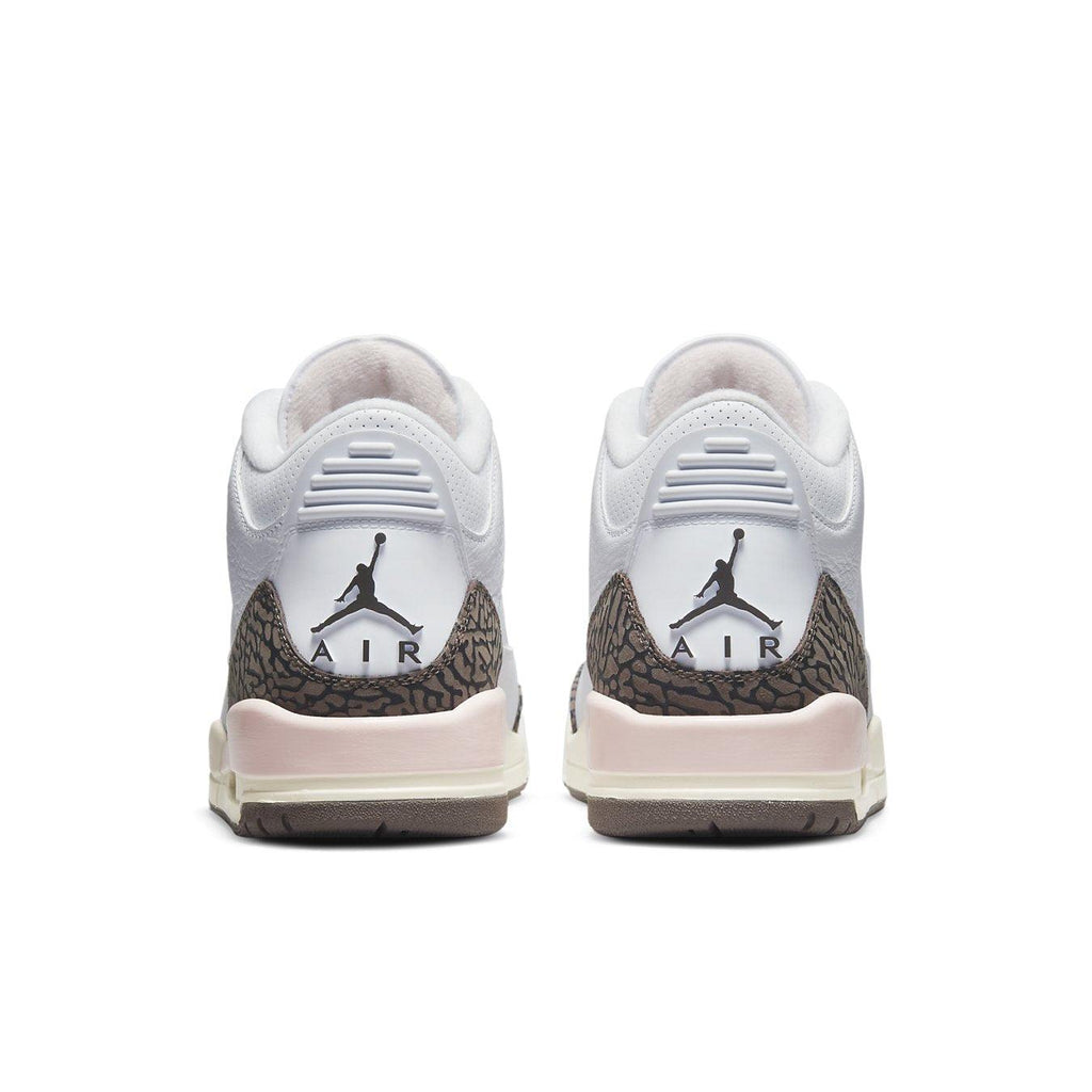 Back view of Jordan 3 Retro Neapolitan Dark Mocha (W) sneakers, featuring classic Air branding and signature design elements.