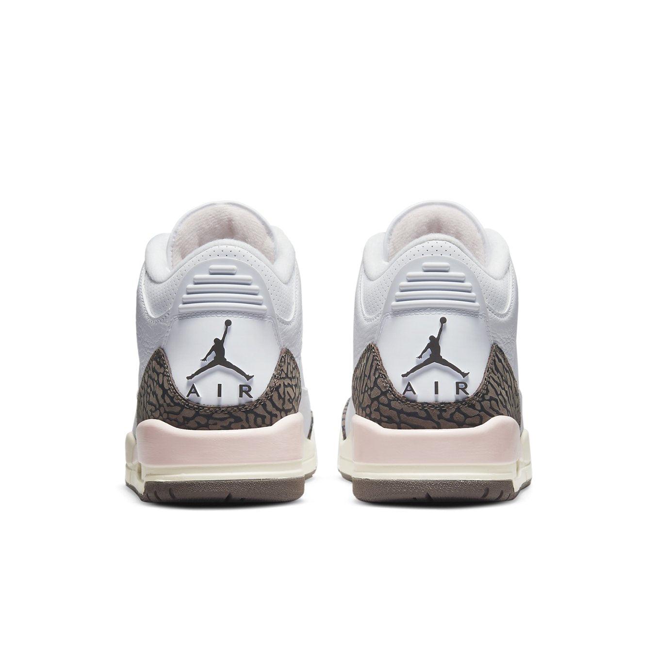 Back view of Jordan 3 Retro Neapolitan Dark Mocha (W) sneakers, featuring classic Air branding and signature design elements.