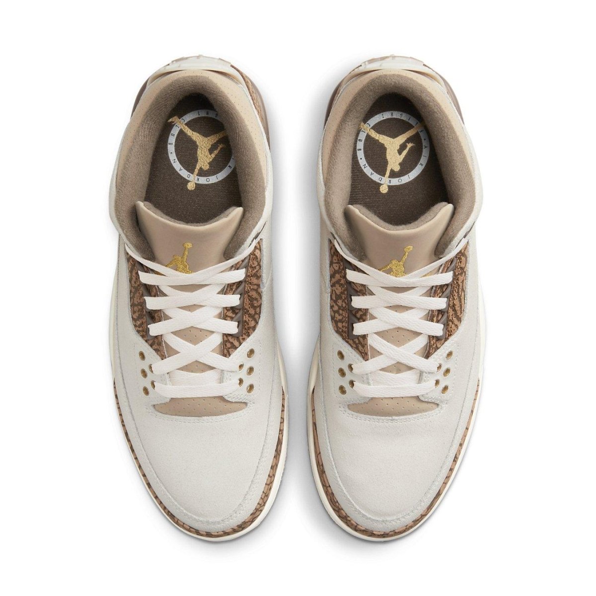 Top view of Air Jordan 3 Retro Palomino showcasing the earthy color palette and unique elephant print overlays.