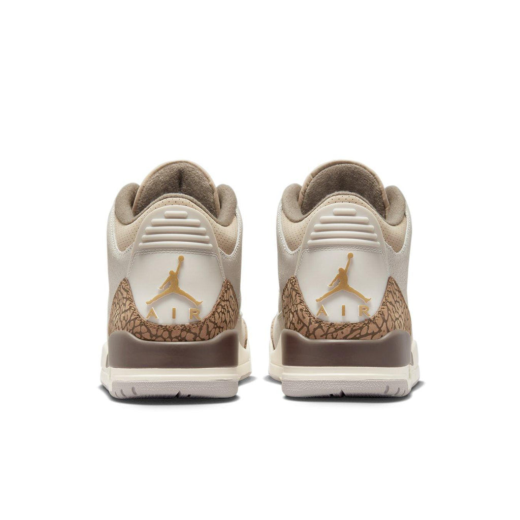 Back view of Air Jordan 3 Retro Palomino sneakers featuring earthy tones and elephant print details.