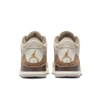 Back view of Air Jordan 3 Retro Palomino sneakers featuring earthy tones and elephant print details.