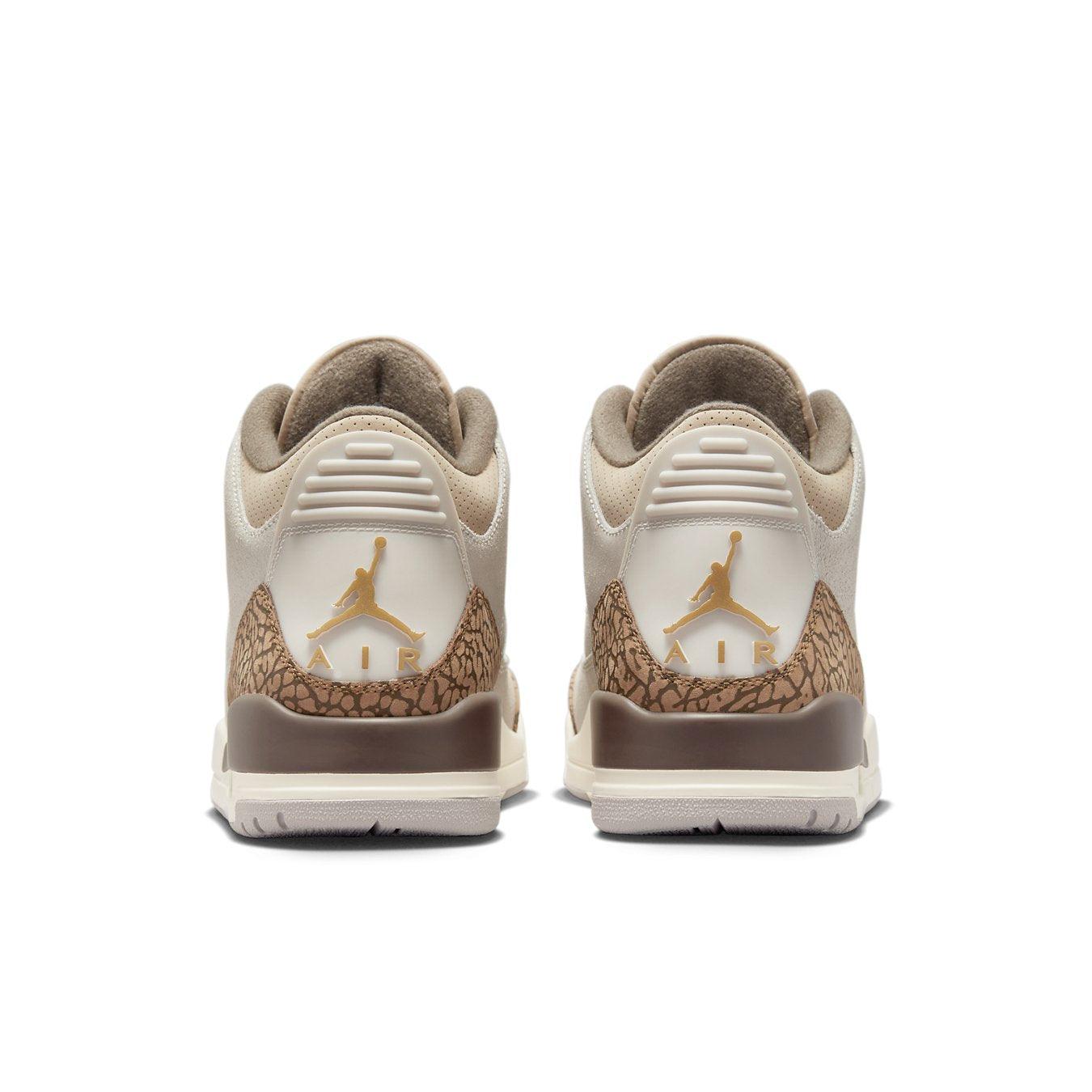 Back view of Air Jordan 3 Retro Palomino sneakers featuring earthy tones and elephant print details.