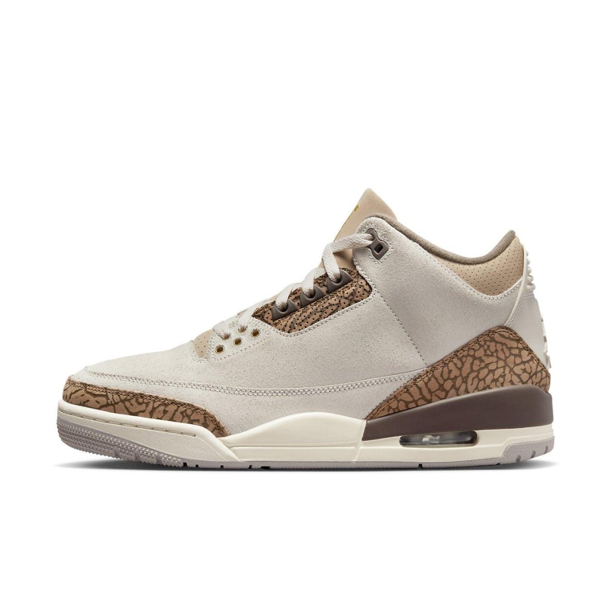 Air Jordan 3 Retro Palomino featuring earthy tones, suede upper, and elephant print accents in a side view.