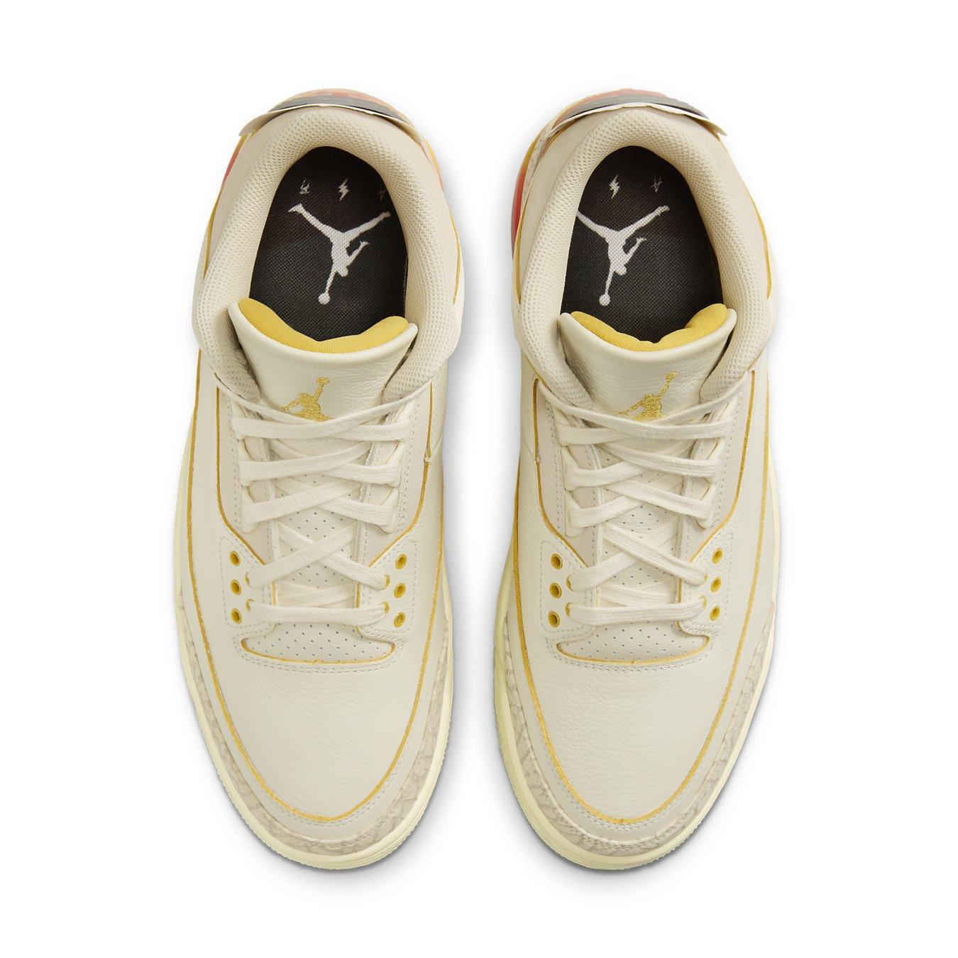 Top view of Jordan 3 Retro SP J Balvin Medellín Sunset in ivory leather with yellow accents.