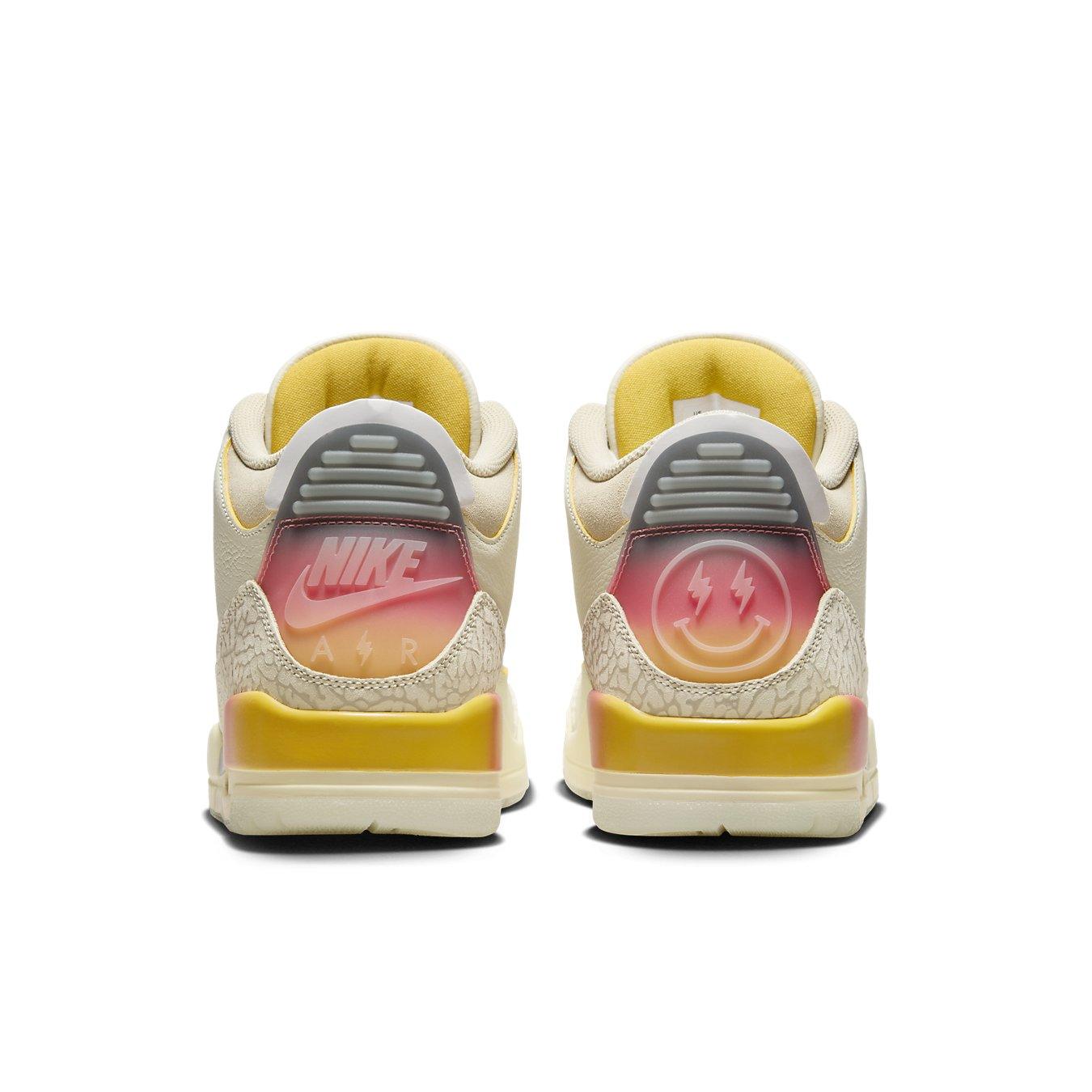 Back view of J Balvin x Air Jordan 3 Retro 'Medellín Sunset' showcasing sunset gradient design and signature branding.