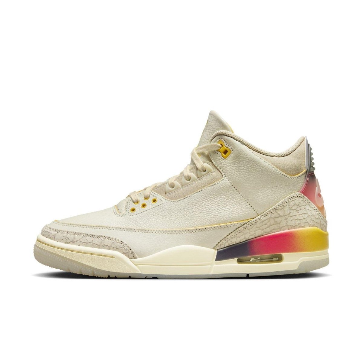 J Balvin x Air Jordan 3 Retro Medellín Sunset sneaker in ivory leather with colorful gradient accents.