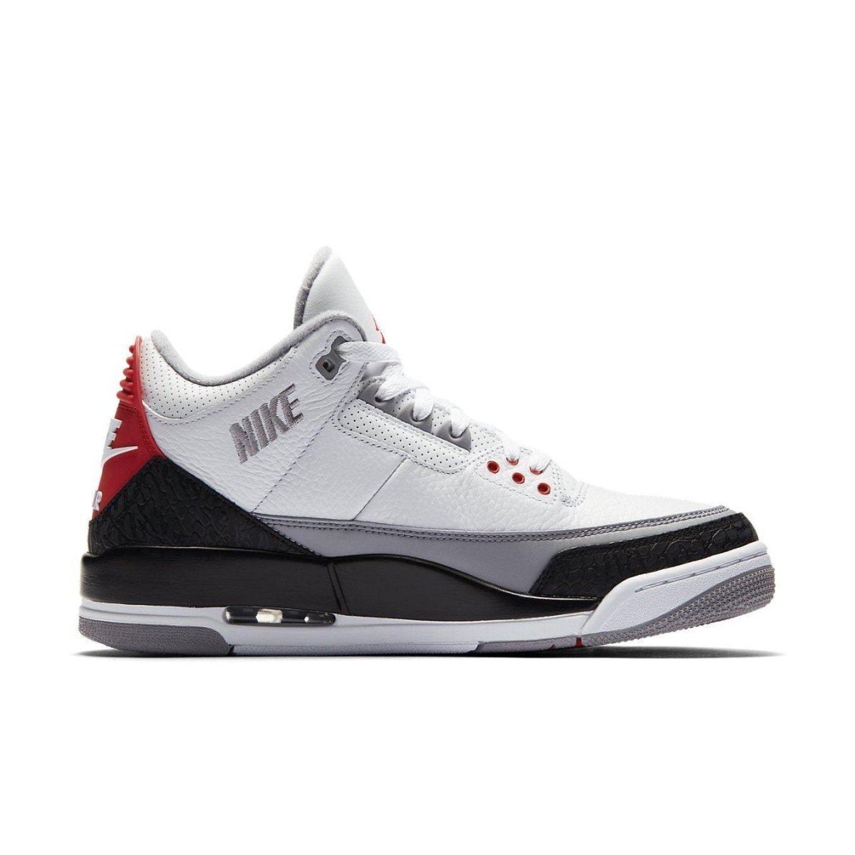 Nike Air Jordan 3 Retro Tinker Hatfield in white, black, and red colorway, featuring signature Swoosh and Tinker Hatfield design.