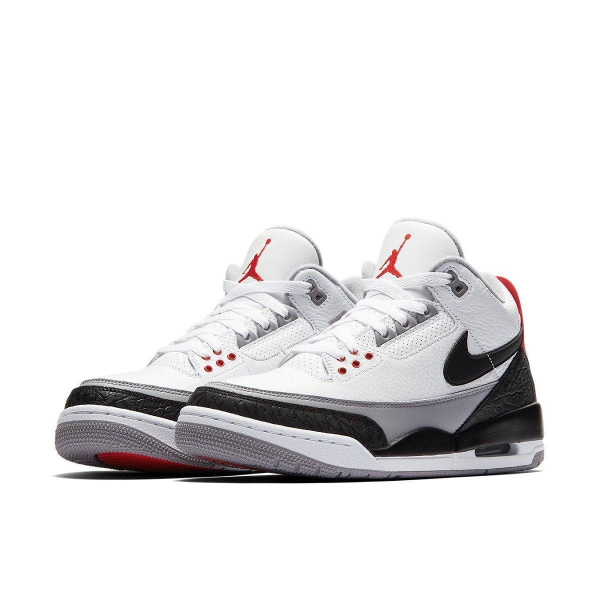 Jordan 3 Retro Tinker Hatfield shoes in white, black, and red with iconic Swoosh logo.