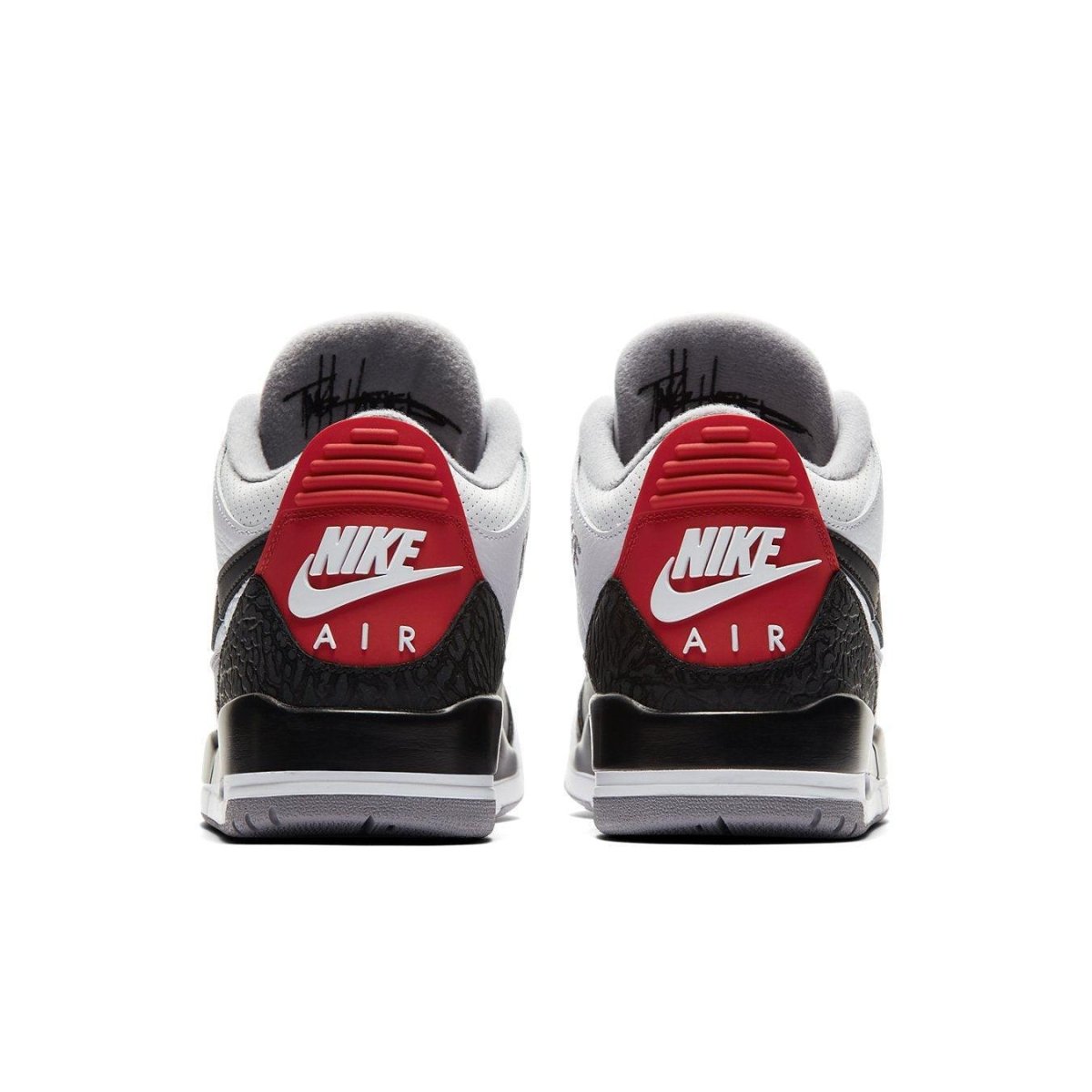 Rear view of Nike Air Jordan 3 Retro Tinker Hatfield sneakers showcasing red Nike Air branding.