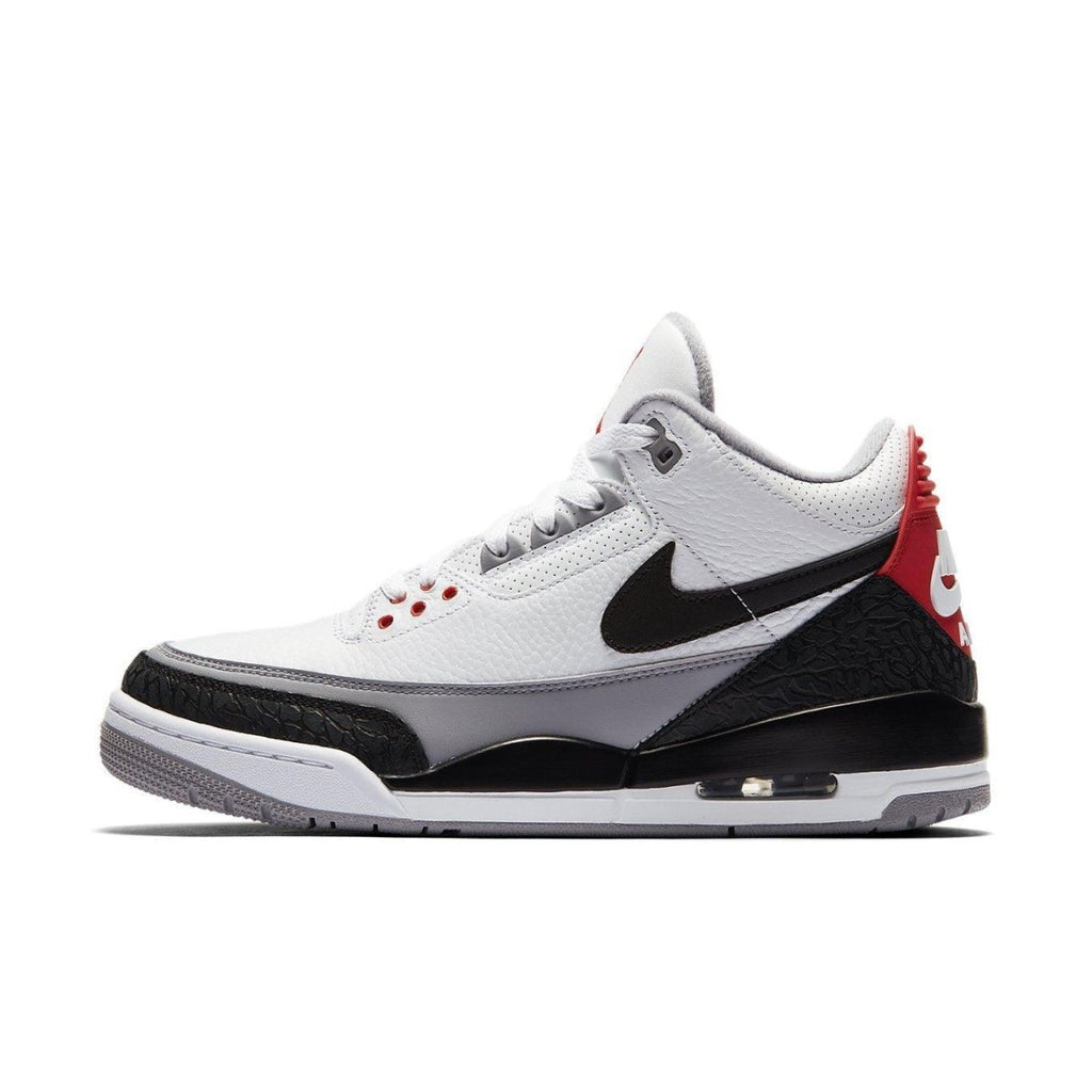 Nike Air Jordan 3 Retro Tinker Hatfield in white, black, and cement grey colorway, featuring iconic Swoosh and branding.