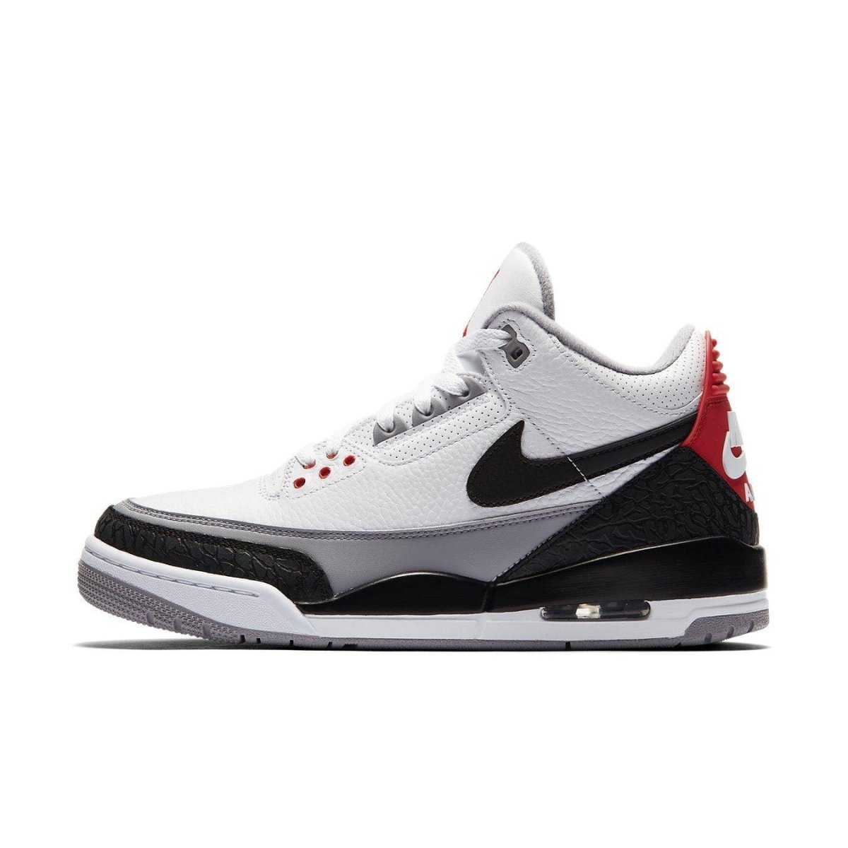 Nike Air Jordan 3 Retro Tinker Hatfield in white, black, and cement grey colorway, featuring iconic Swoosh and branding.