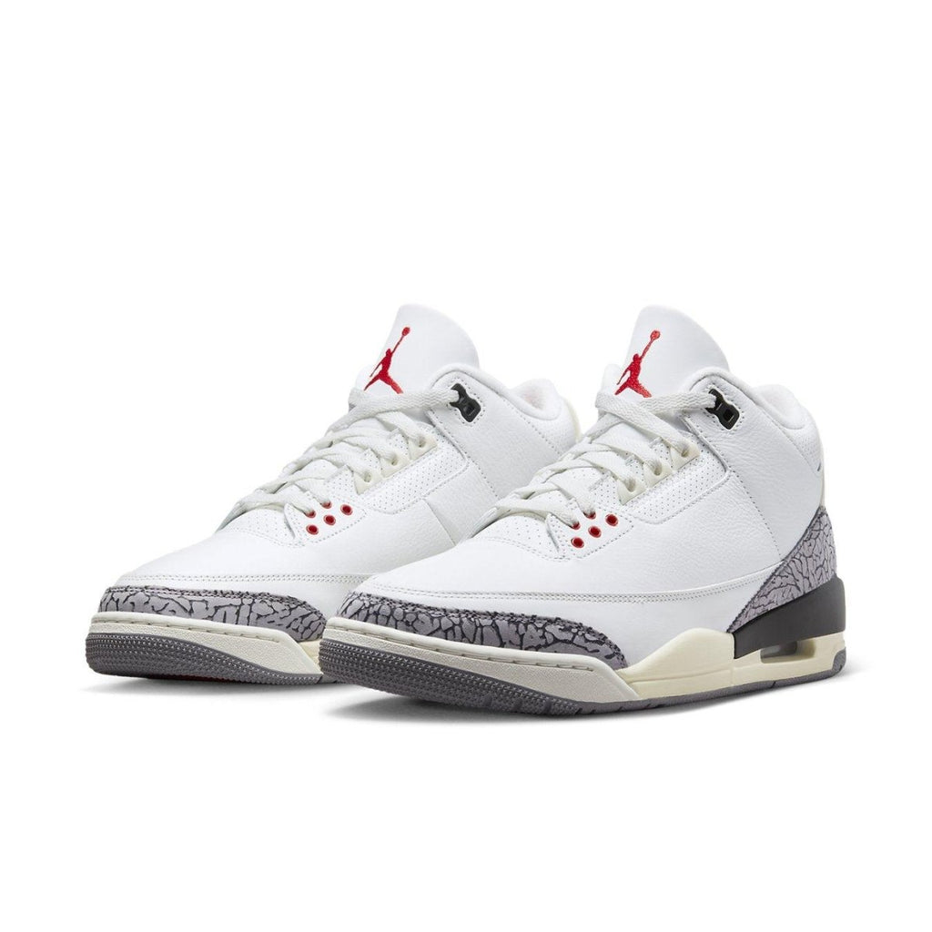 Air Jordan 3 Retro White Cement Reimagined sneakers featuring leather upper and elephant print details.
