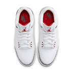 Air Jordan 3 Retro White Cement Reimagined sneakers, featuring white leather upper and iconic elephant print details.