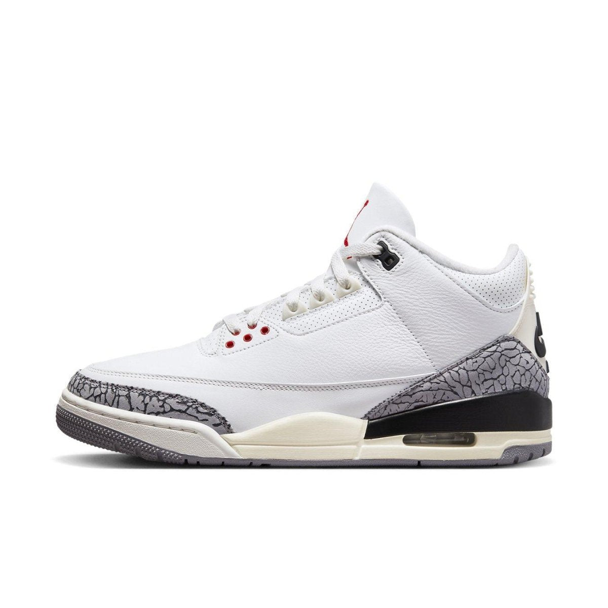 Air Jordan 3 Retro White Cement Reimagined sneaker side view with elephant print and red accents.