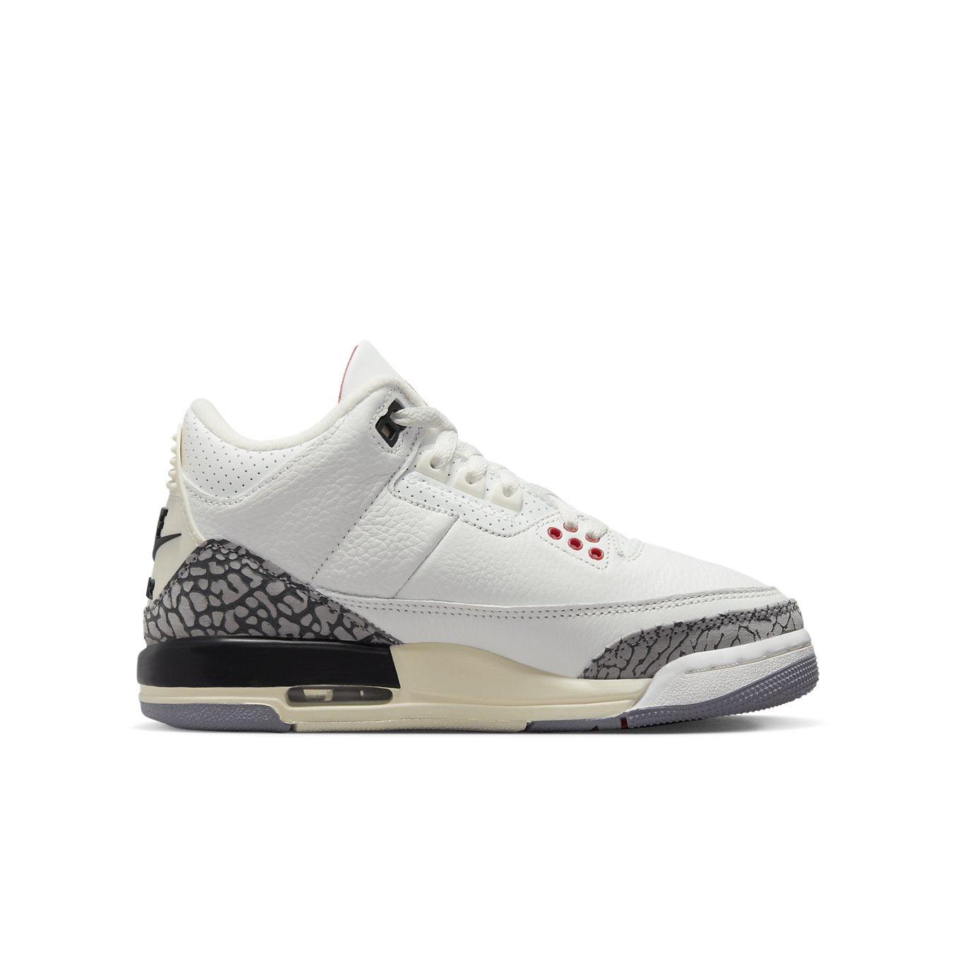 Air Jordan 3 Retro GS 'White Cement Reimagined' sneaker in white leather with grey elephant print and red details.