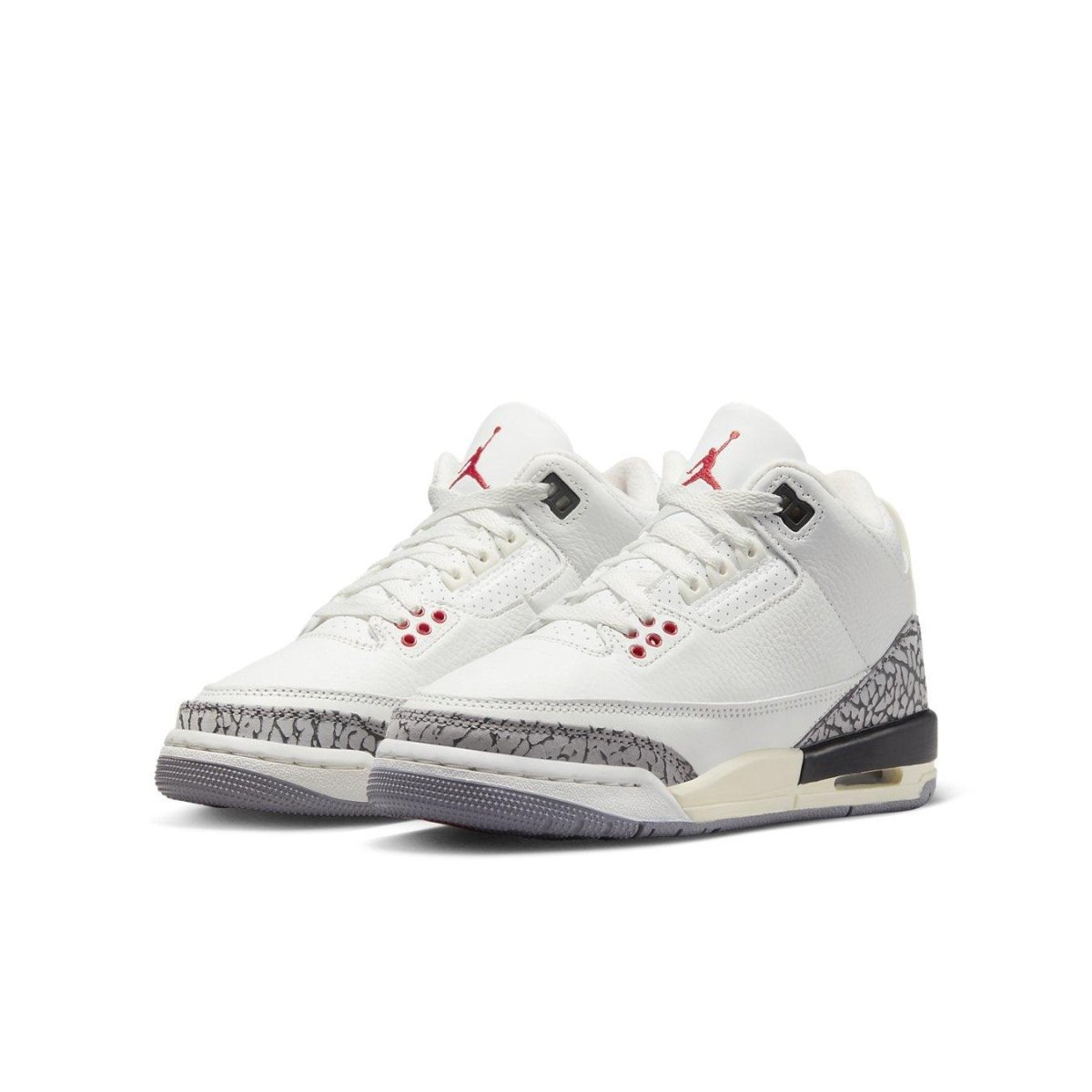 Air Jordan 3 Retro White Cement Reimagined GS, featuring white leather and gray elephant prints, size 36 to 40.