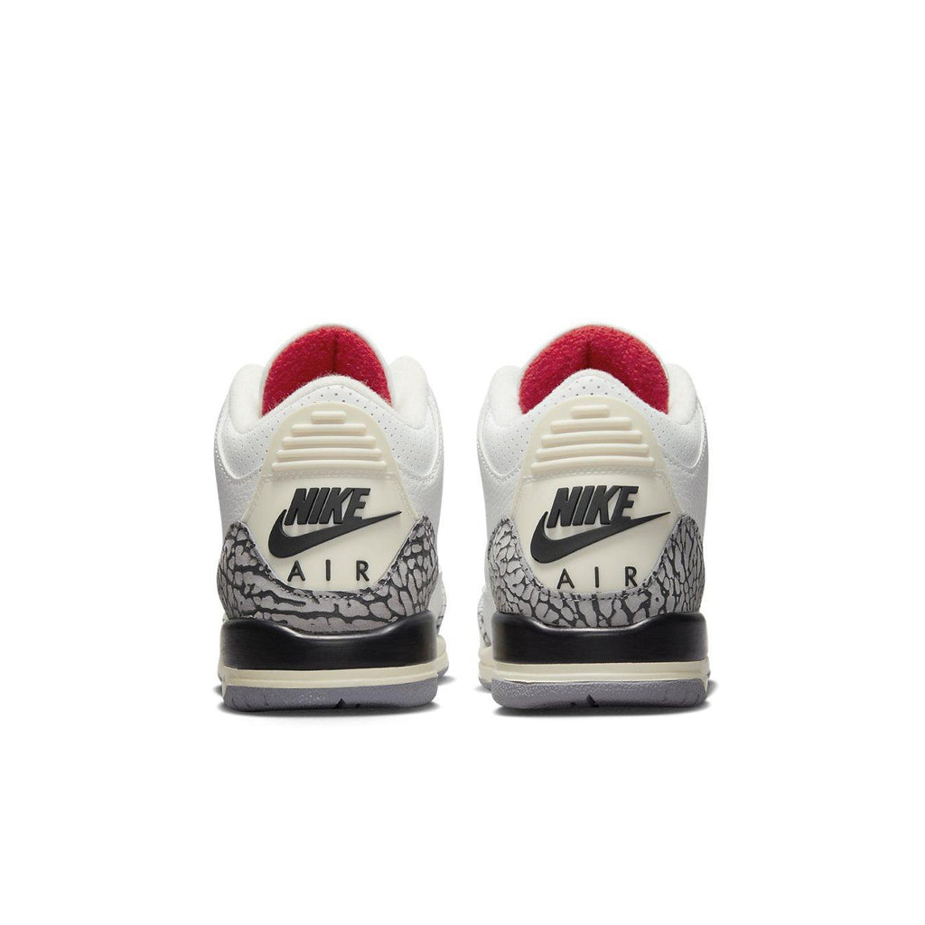Rear view of Air Jordan 3 Retro White Cement Reimagined sneakers featuring black Nike Air branding.