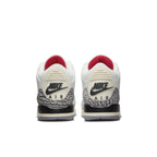 Rear view of Air Jordan 3 Retro White Cement Reimagined sneakers featuring black Nike Air branding.