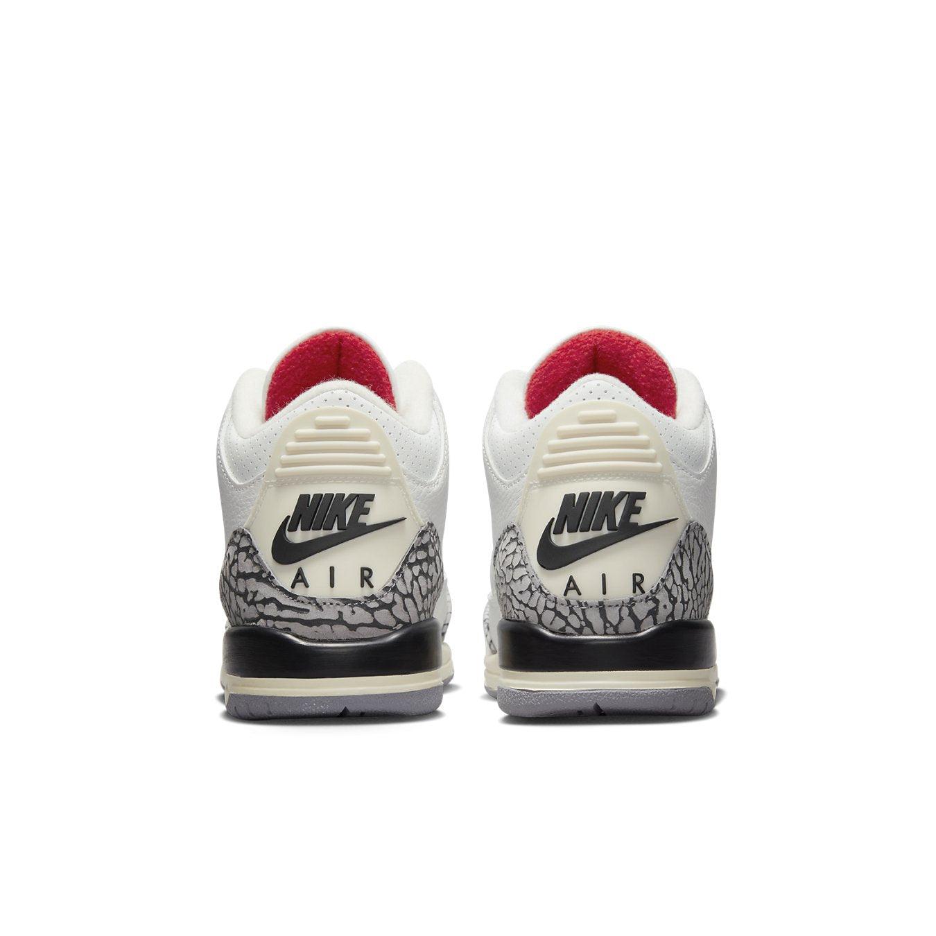 Rear view of Air Jordan 3 Retro White Cement Reimagined sneakers featuring black Nike Air branding.