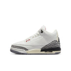 Air Jordan 3 Retro White Cement Reimagined GS sneaker in white leather with grey accents and red Jumper logo.