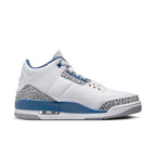Air Jordan 3 Retro Wizards sneaker with white leather, gray elephant print, and blue accents.