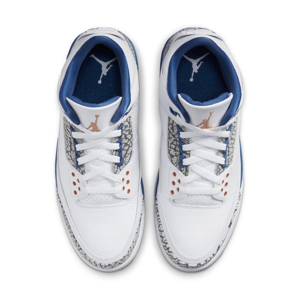 Air Jordan 3 Retro Wizards sneakers featuring white leather and grey elephant print overlays.