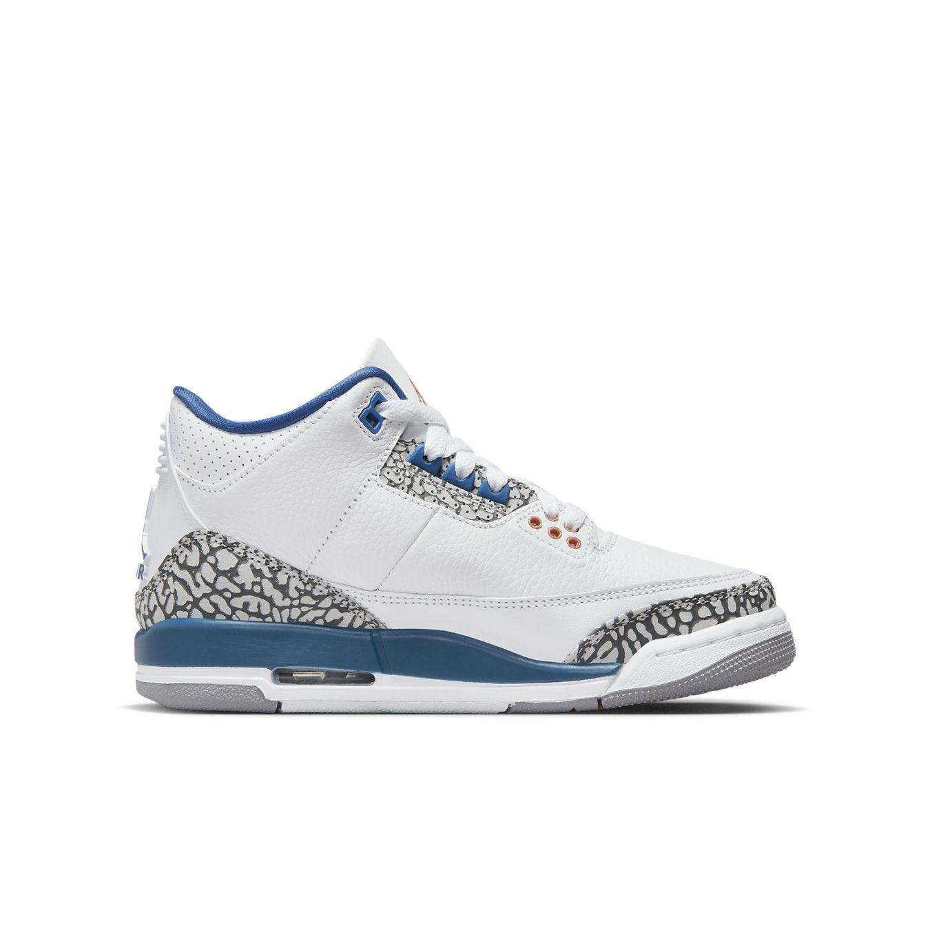 Air Jordan 3 Retro Wizards GS sneakers featuring white leather and gray elephant print details.