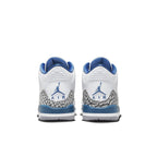 Back view of Air Jordan 3 Retro Wizards GS showing white leather, grey elephant print, and blue details.