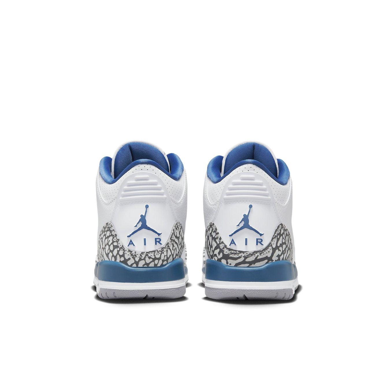 Back view of Air Jordan 3 Retro Wizards GS showing white leather, grey elephant print, and blue details.