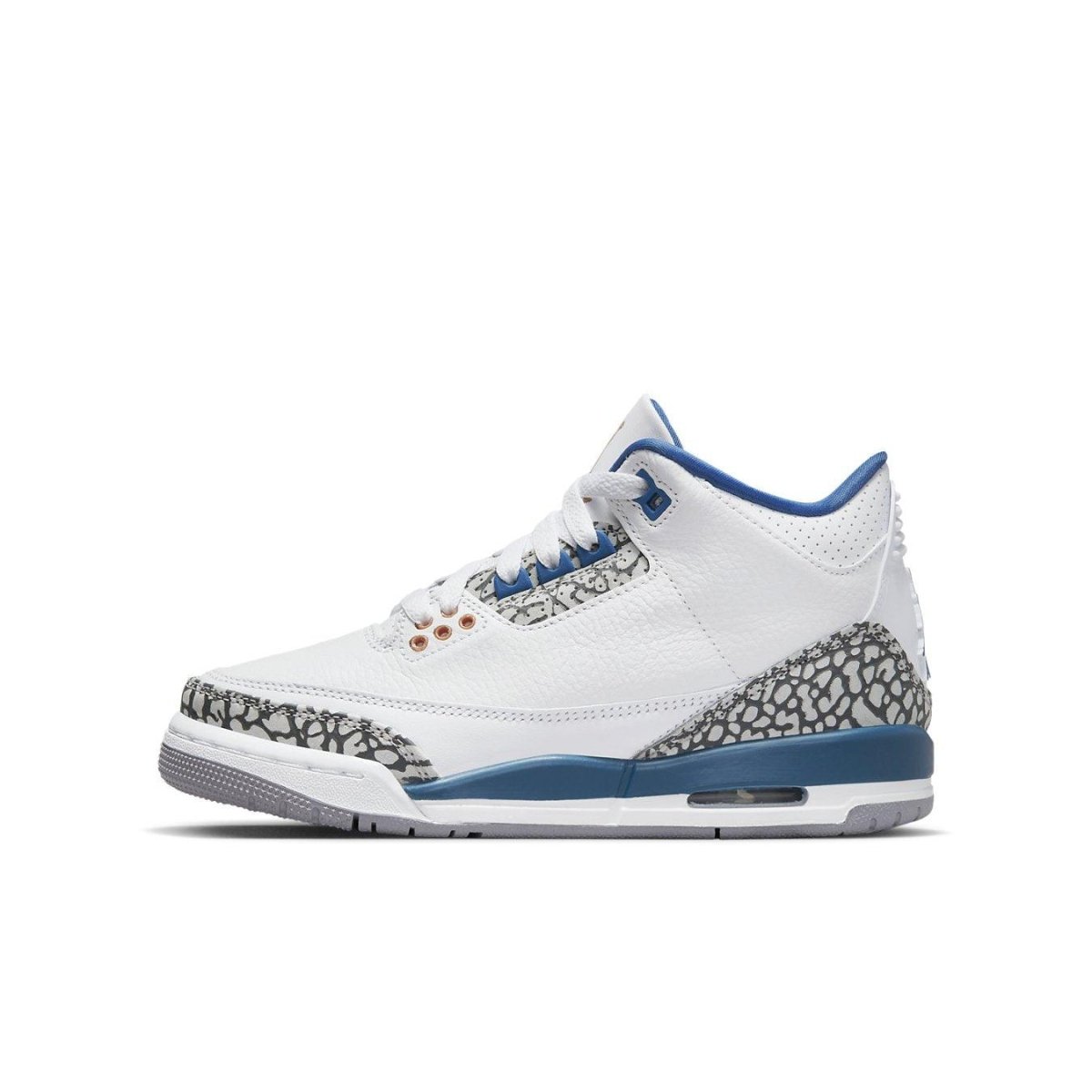 Air Jordan 3 Retro Wizards GS sneaker with elephant print and white leather upper, inspired by Michael Jordan's first Wizards season.